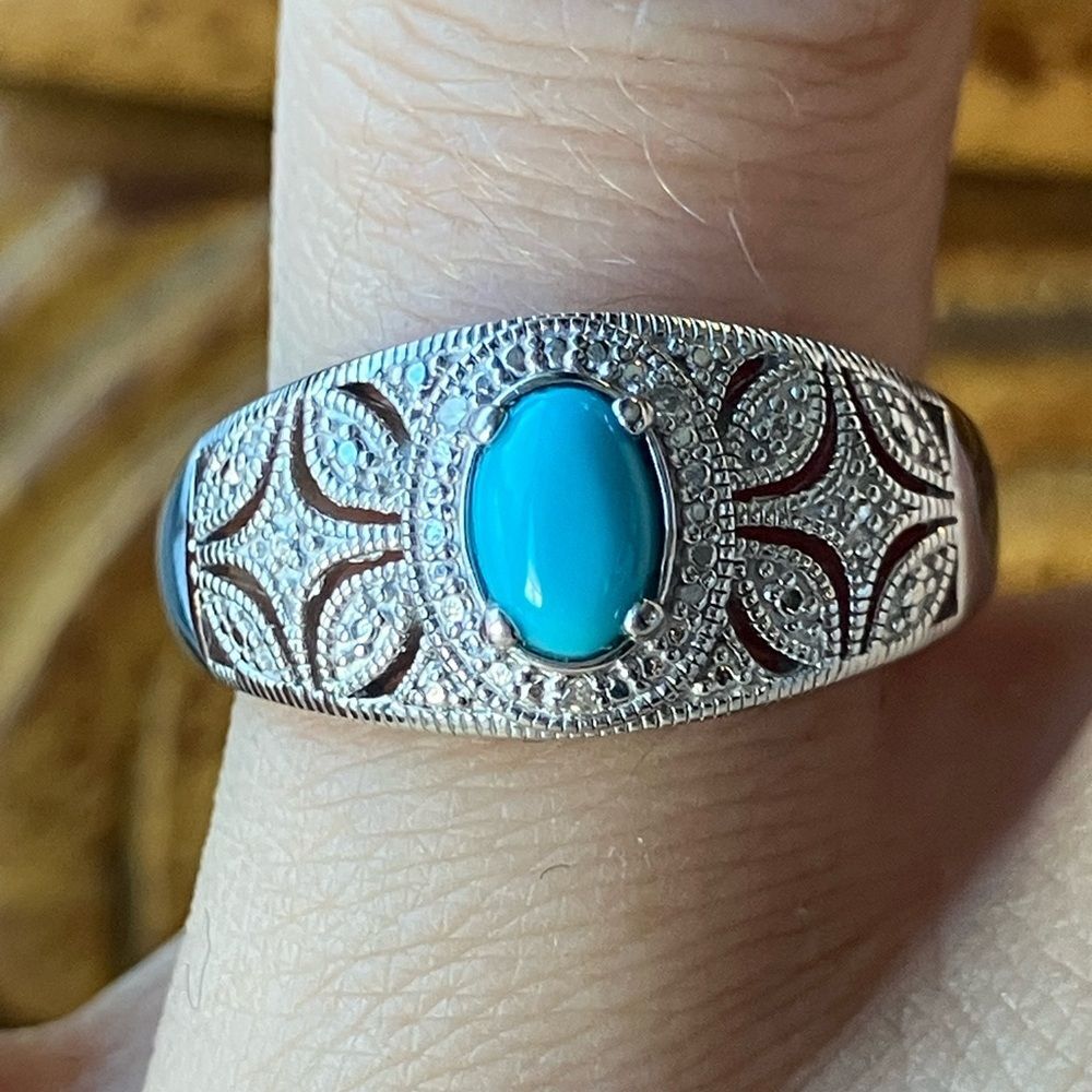 Sleeping Beauty Turquoise White Diamond Accent Art Deco Ring Size 7.75